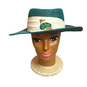 Vintage Derby Cap Rota Spain Teal Blue Straw Fedora Hat Golf Sun Beach One Size